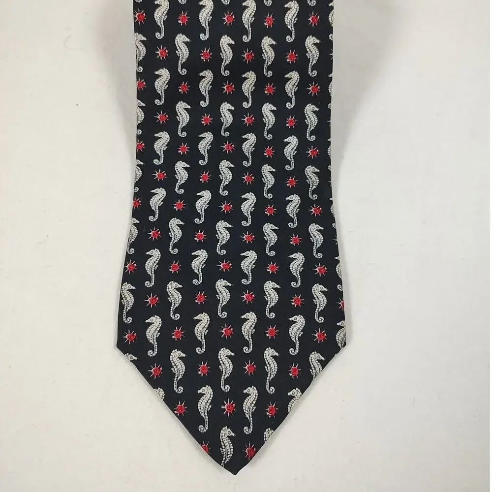 VTG Vivace Silk Tie Black Seahorse Novelty Pattern Red Sunburst Nautical Beach